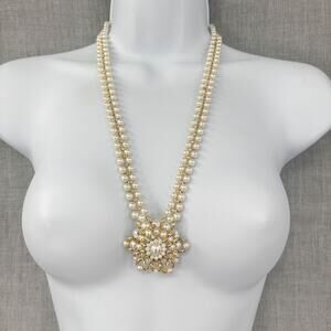Vintage Faux Pearl Flower Pendant Necklace 26" Elegant Statement Classic Beaded